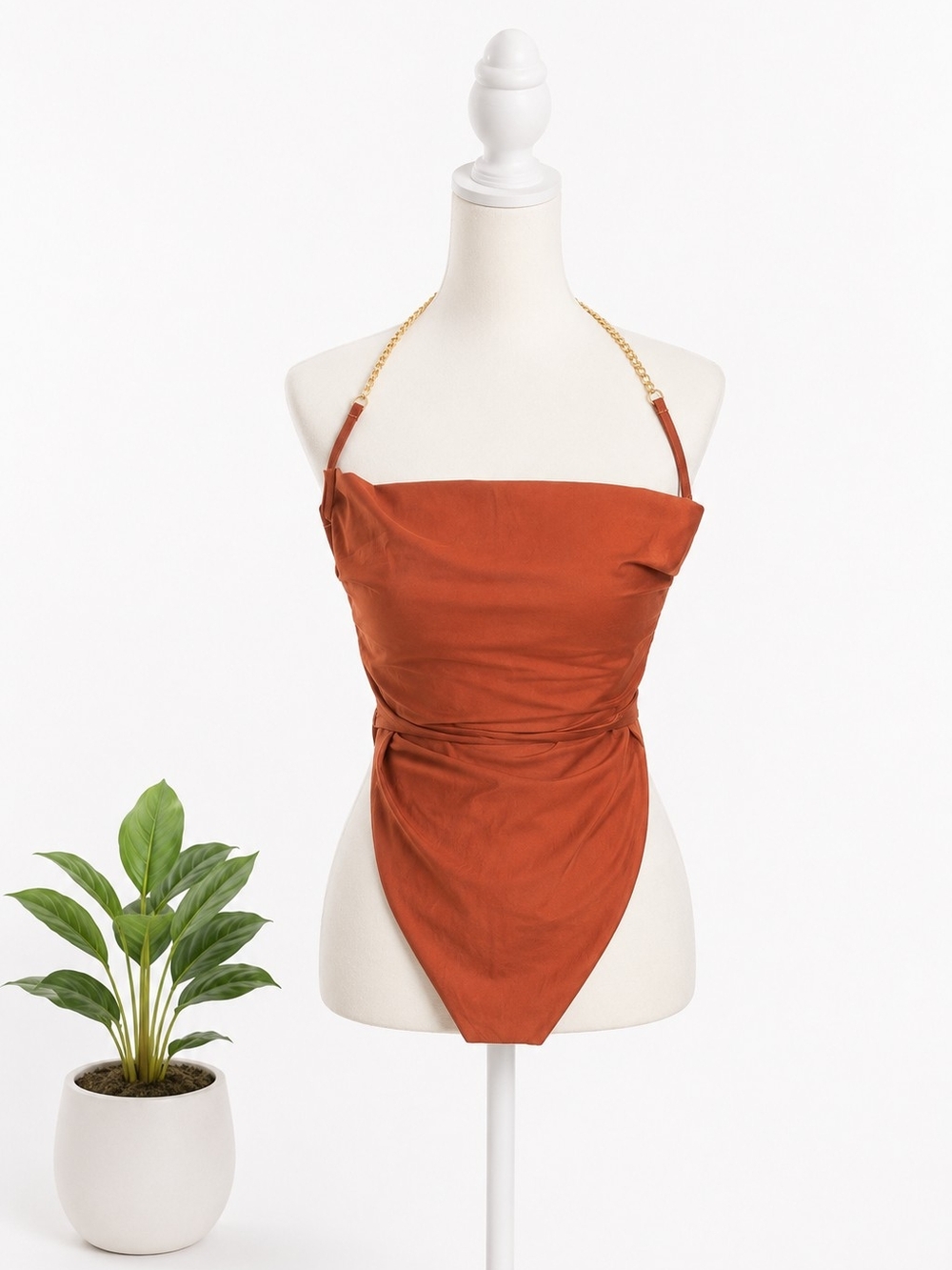 Rust Halter Chain-Detail Swimsuit